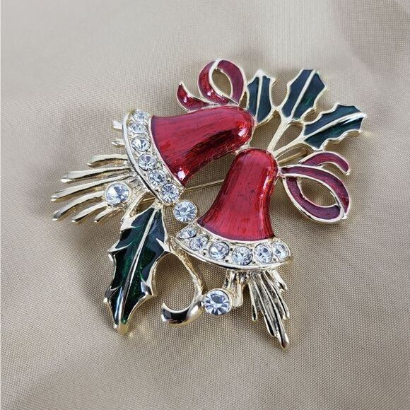 Red Bell & Holly Rhinestone Christmas Brooch - Picture 3 of 4
